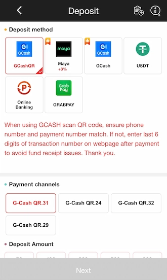 Step 1: Select the deposit option and choose the GCash method.